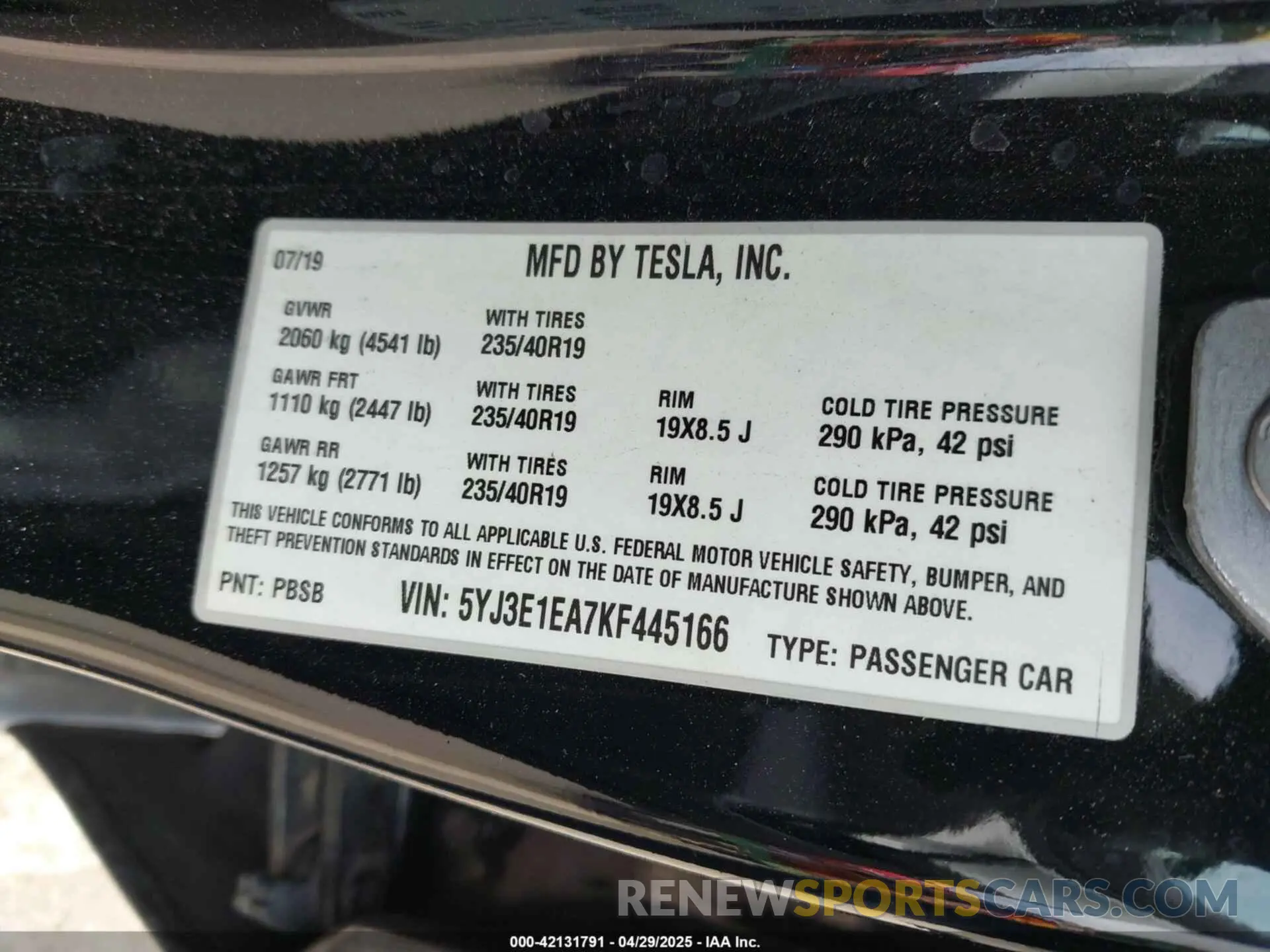 9 fotografías del automóvil dañado 5YJ3E1EA7KF445166 TESLA MODEL 3 2019