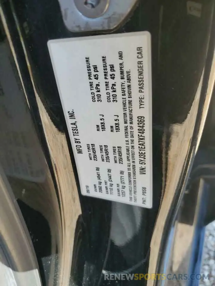 15 fotografías del automóvil dañado 5YJ3E1EA7KF484369 TESLA MODEL 3 2019
