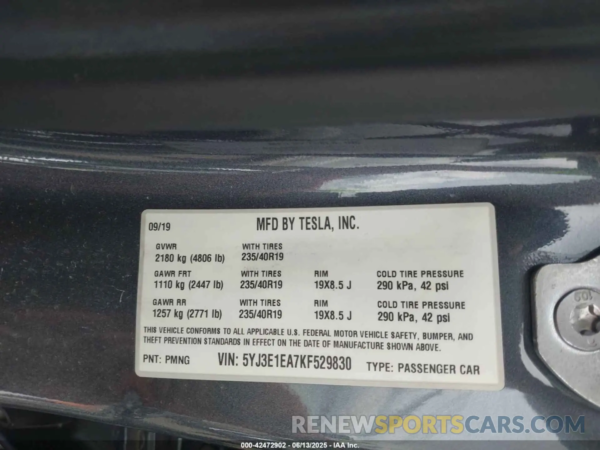 9 fotografías del automóvil dañado 5YJ3E1EA7KF529830 TESLA MODEL 3 2019