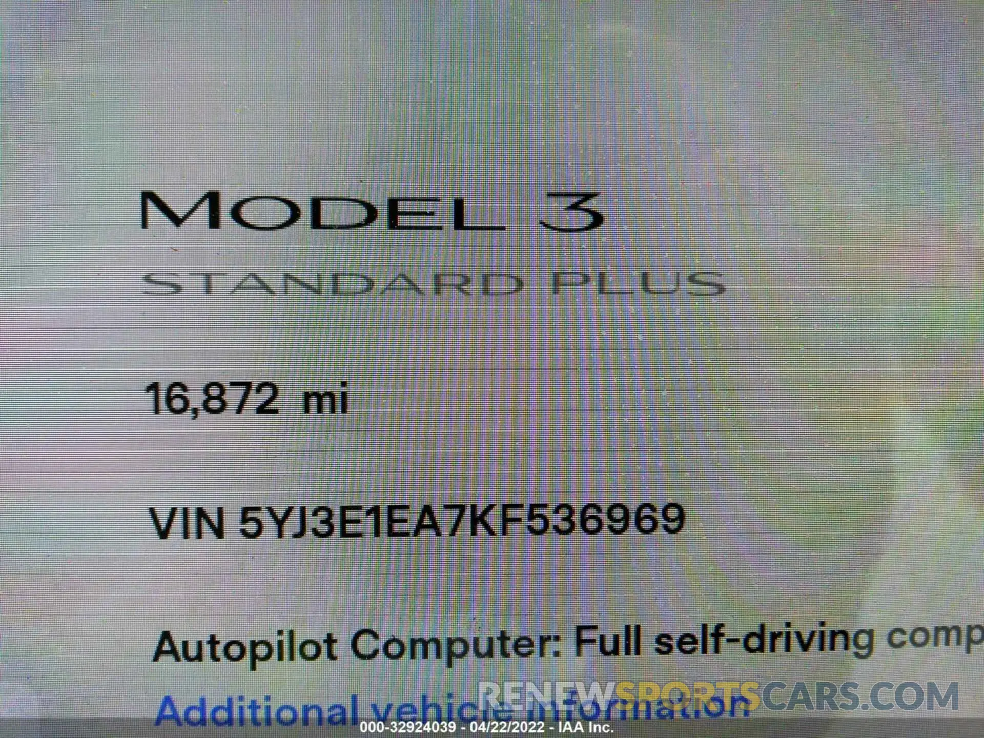 7 fotografías del automóvil dañado 5YJ3E1EA7KF536969 TESLA MODEL 3 2019
