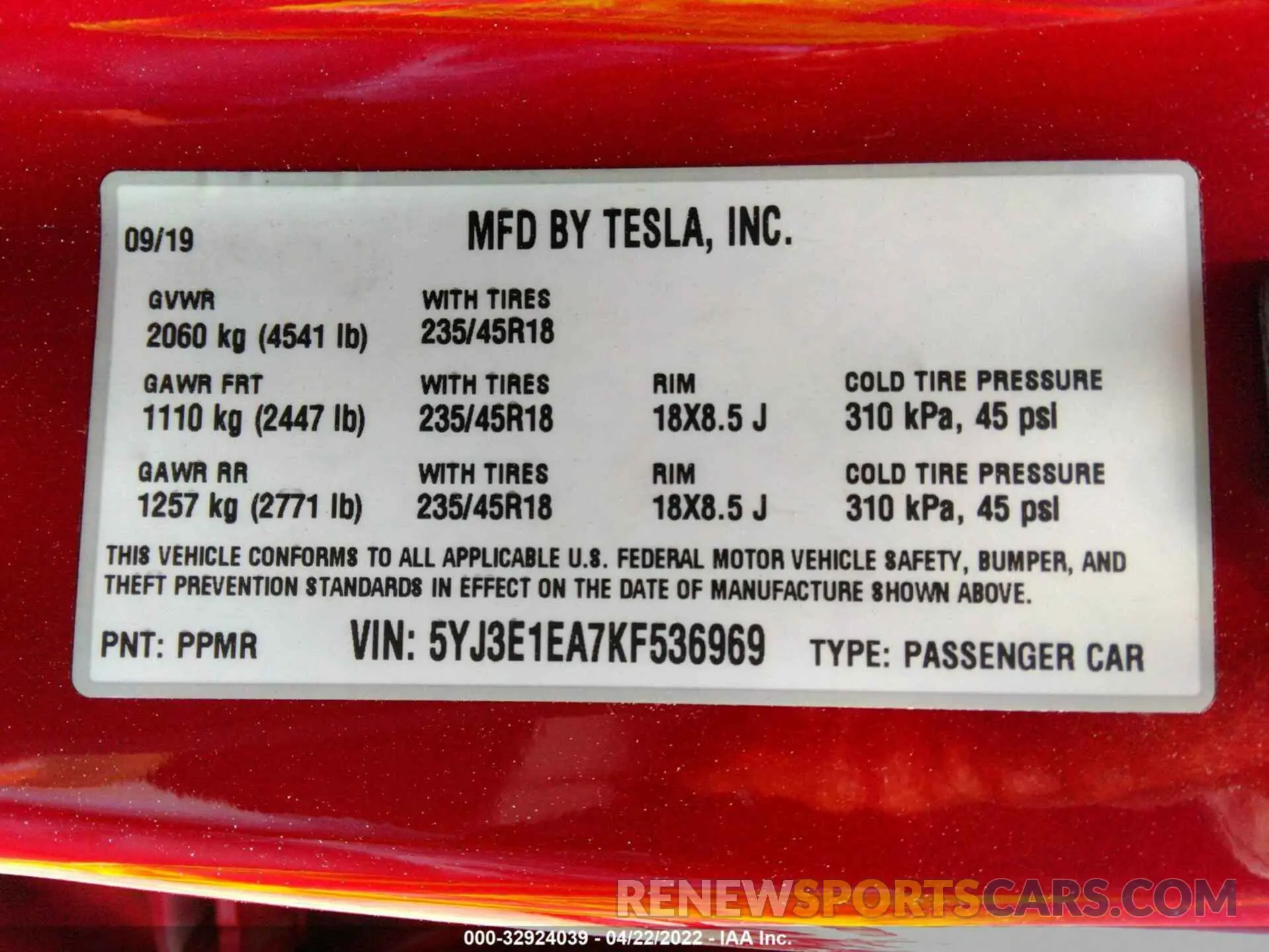9 fotografías del automóvil dañado 5YJ3E1EA7KF536969 TESLA MODEL 3 2019