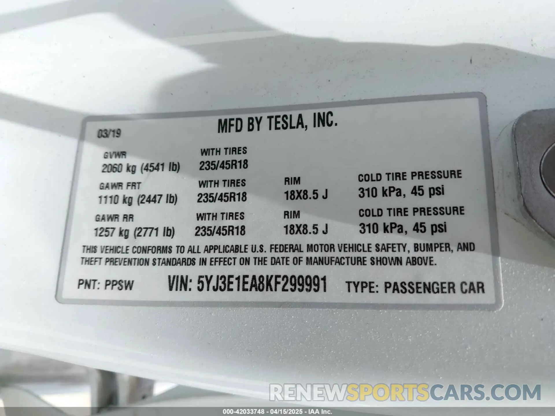 9 fotografías del automóvil dañado 5YJ3E1EA8KF299991 TESLA MODEL 3 2019
