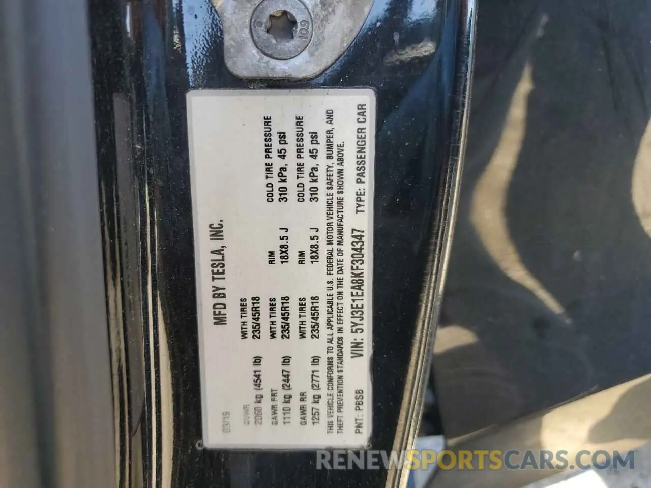 12 fotografías del automóvil dañado 5YJ3E1EA8KF304347 TESLA MODEL 3 2019