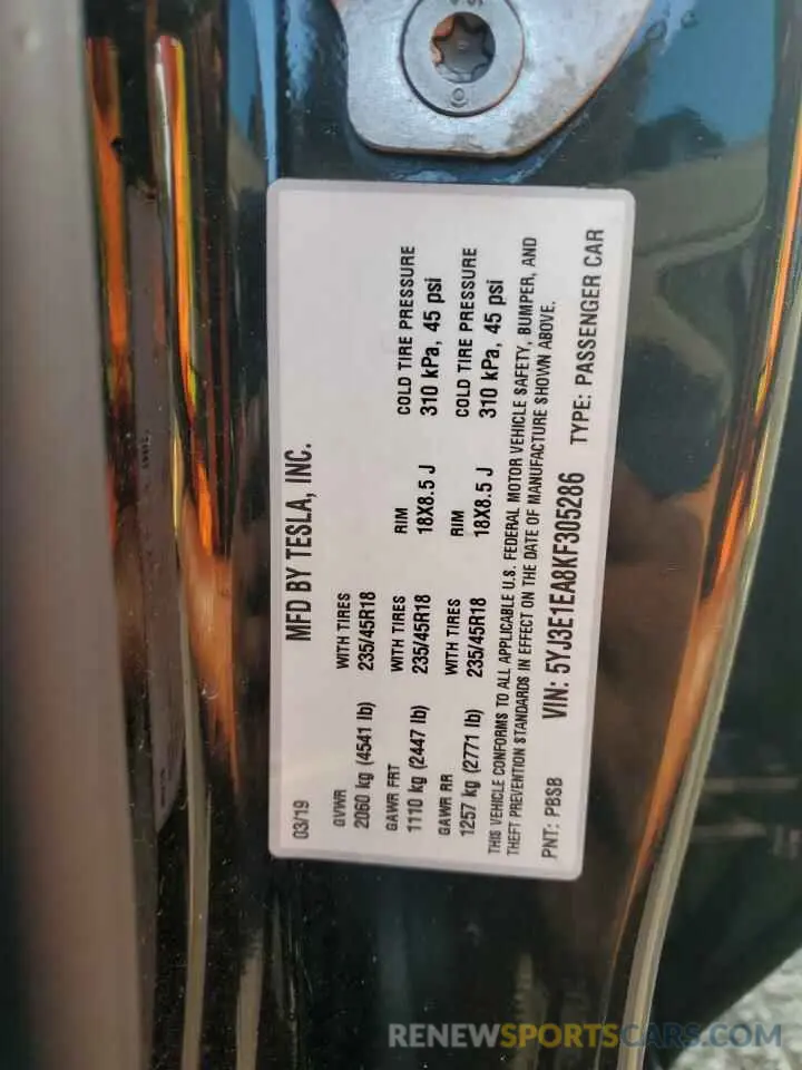 12 fotografías del automóvil dañado 5YJ3E1EA8KF305286 TESLA MODEL 3 2019