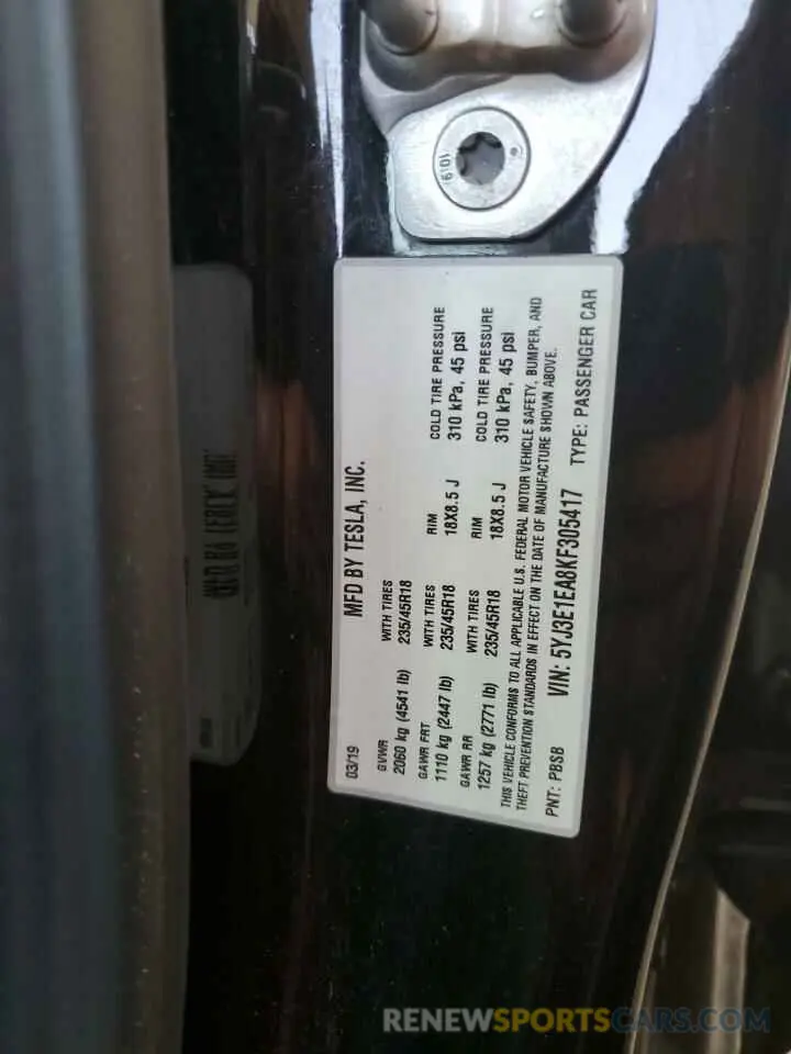 12 fotografías del automóvil dañado 5YJ3E1EA8KF305417 TESLA MODEL 3 2019