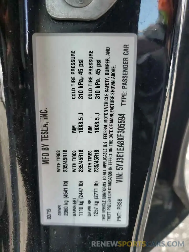 12 fotografías del automóvil dañado 5YJ3E1EA8KF305594 TESLA MODEL 3 2019