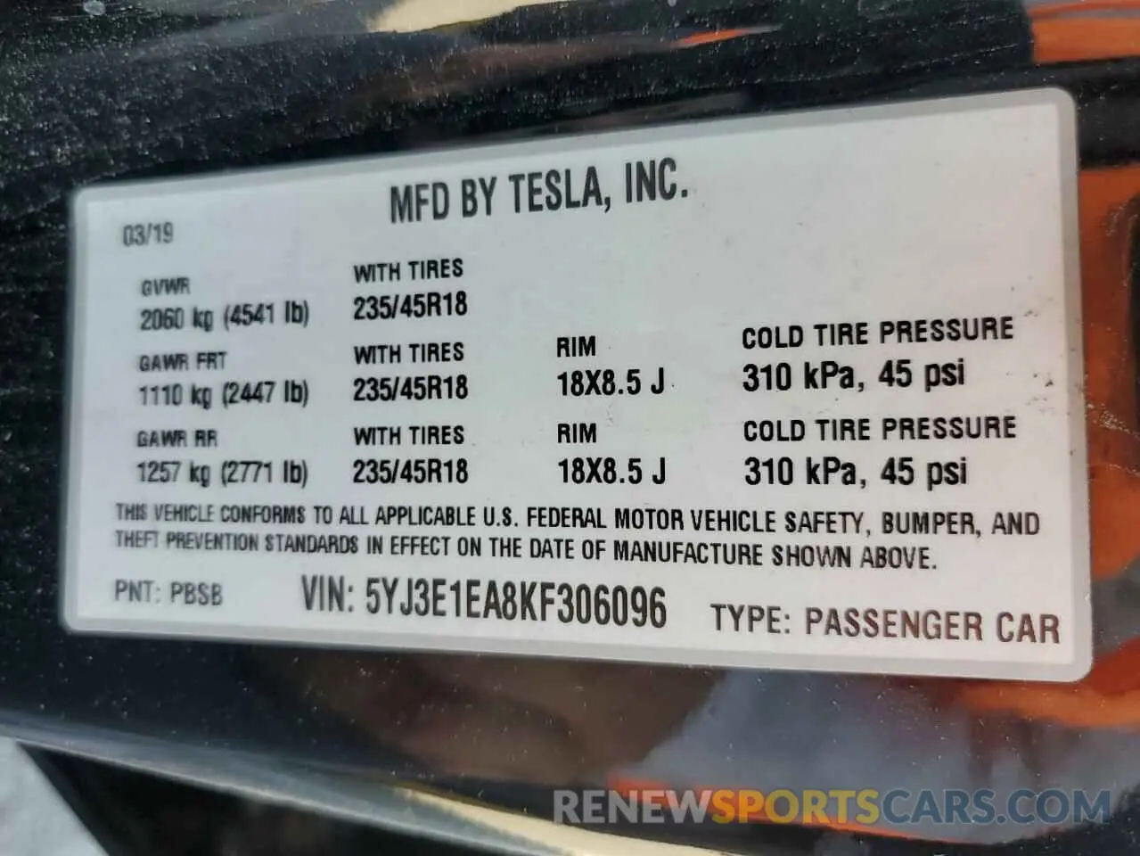 12 fotografías del automóvil dañado 5YJ3E1EA8KF306096 TESLA MODEL 3 2019