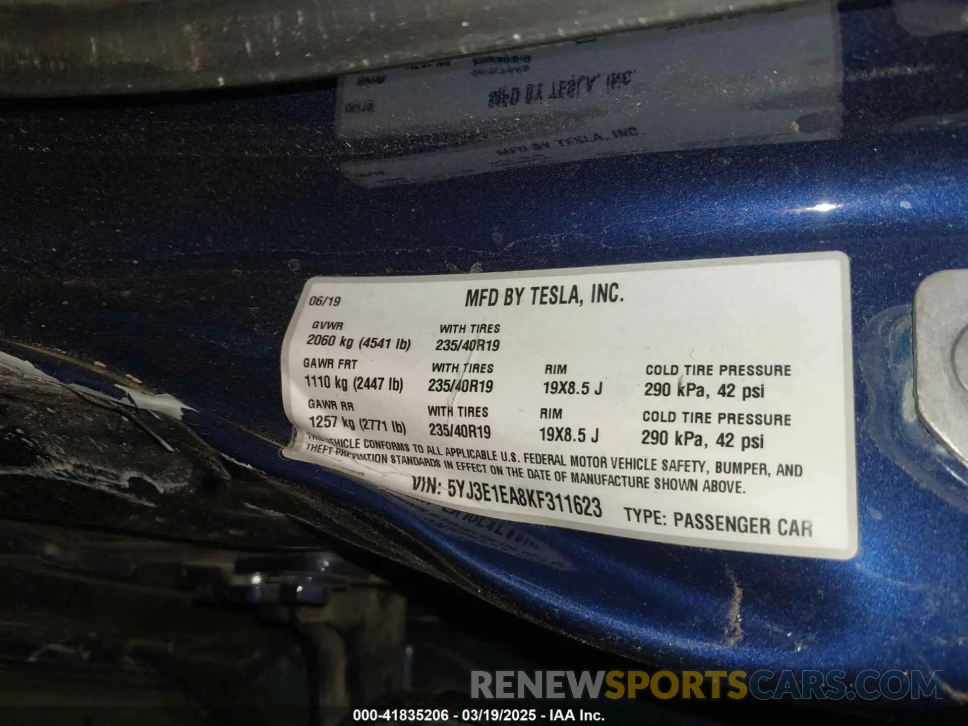 9 fotografías del automóvil dañado 5YJ3E1EA8KF311623 TESLA MODEL 3 2019