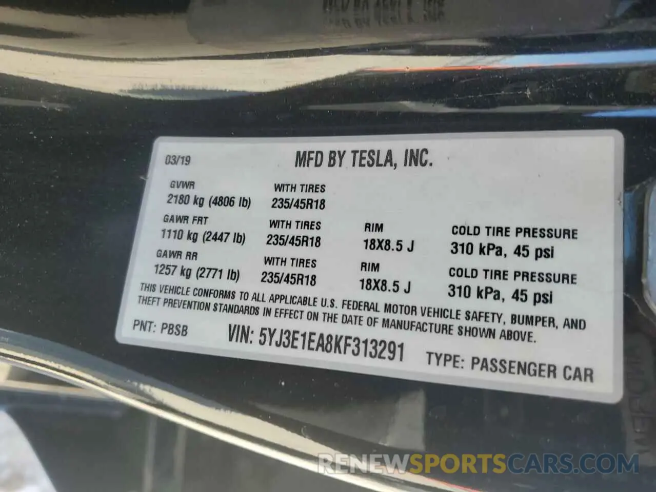 12 fotografías del automóvil dañado 5YJ3E1EA8KF313291 TESLA MODEL 3 2019