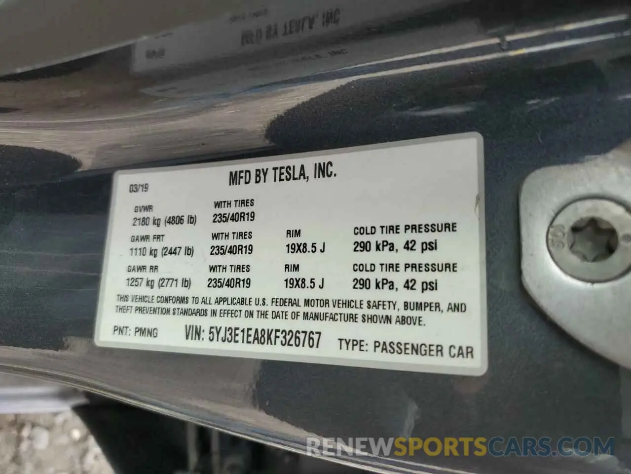 13 fotografías del automóvil dañado 5YJ3E1EA8KF326767 TESLA MODEL 3 2019