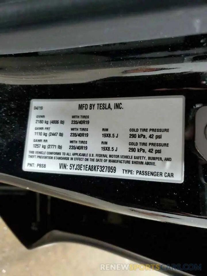 12 fotografías del automóvil dañado 5YJ3E1EA8KF327059 TESLA MODEL 3 2019