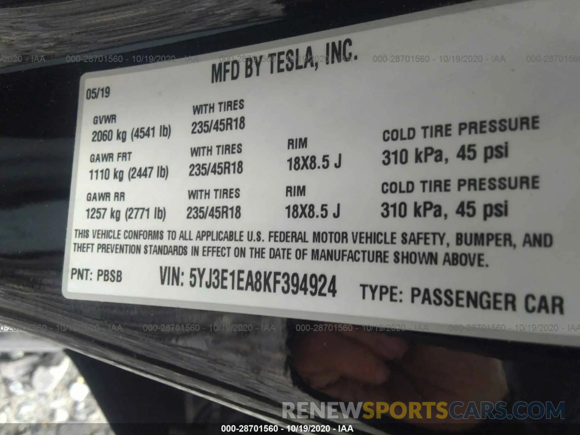 9 fotografías del automóvil dañado 5YJ3E1EA8KF394924 TESLA MODEL 3 2019