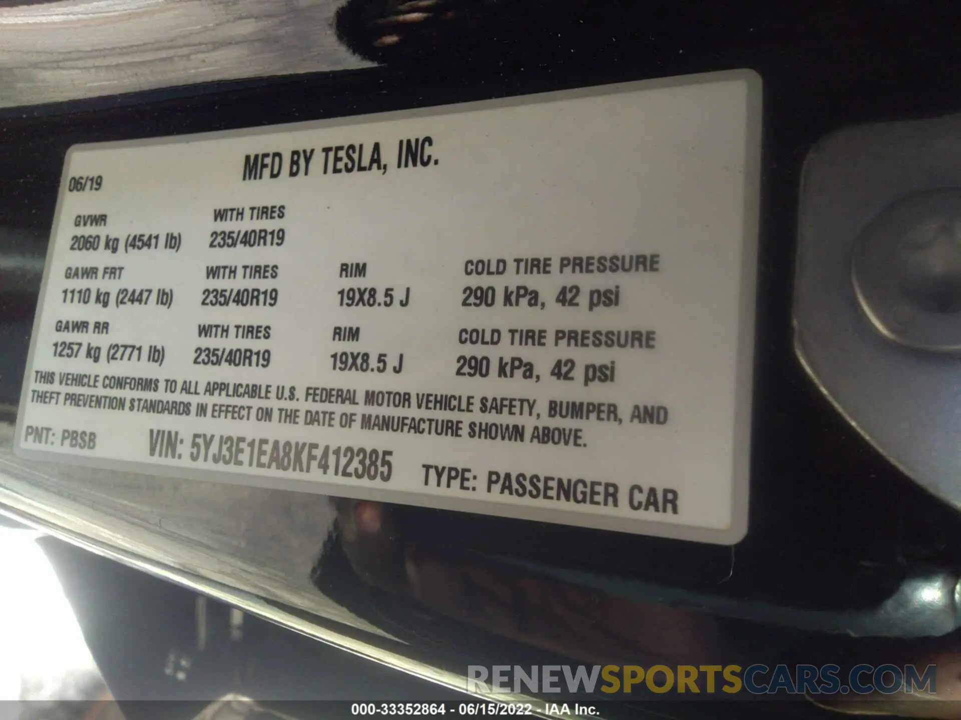 9 fotografías del automóvil dañado 5YJ3E1EA8KF412385 TESLA MODEL 3 2019