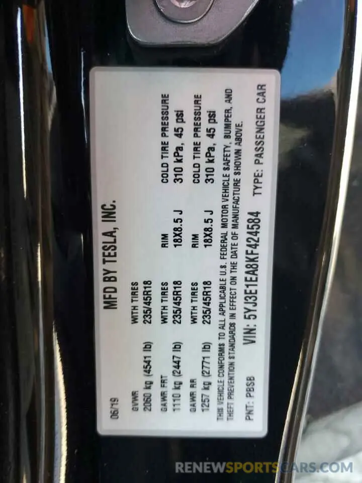 14 fotografías del automóvil dañado 5YJ3E1EA8KF424584 TESLA MODEL 3 2019