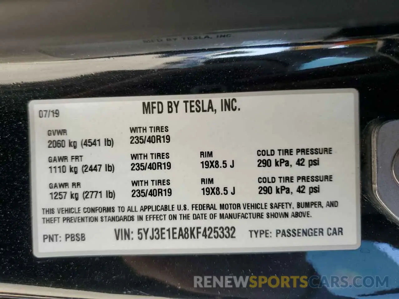 13 fotografías del automóvil dañado 5YJ3E1EA8KF425332 TESLA MODEL 3 2019