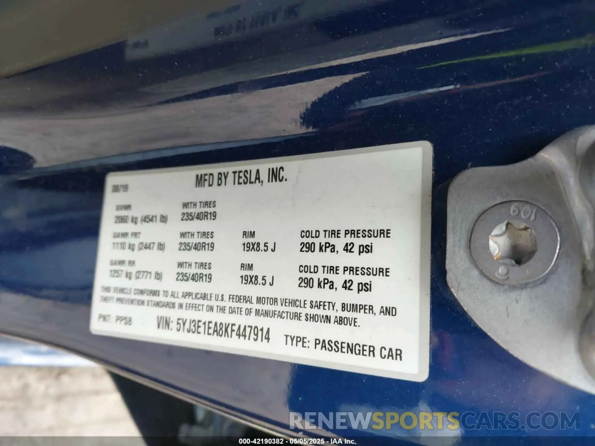 9 fotografías del automóvil dañado 5YJ3E1EA8KF447914 TESLA MODEL 3 2019