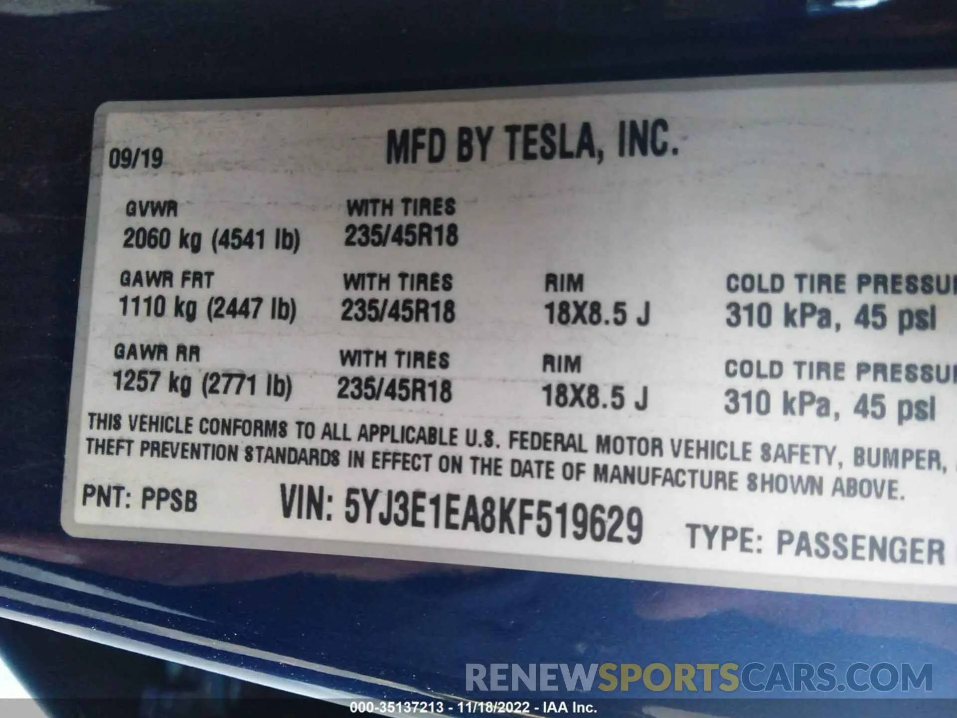 9 fotografías del automóvil dañado 5YJ3E1EA8KF519629 TESLA MODEL 3 2019