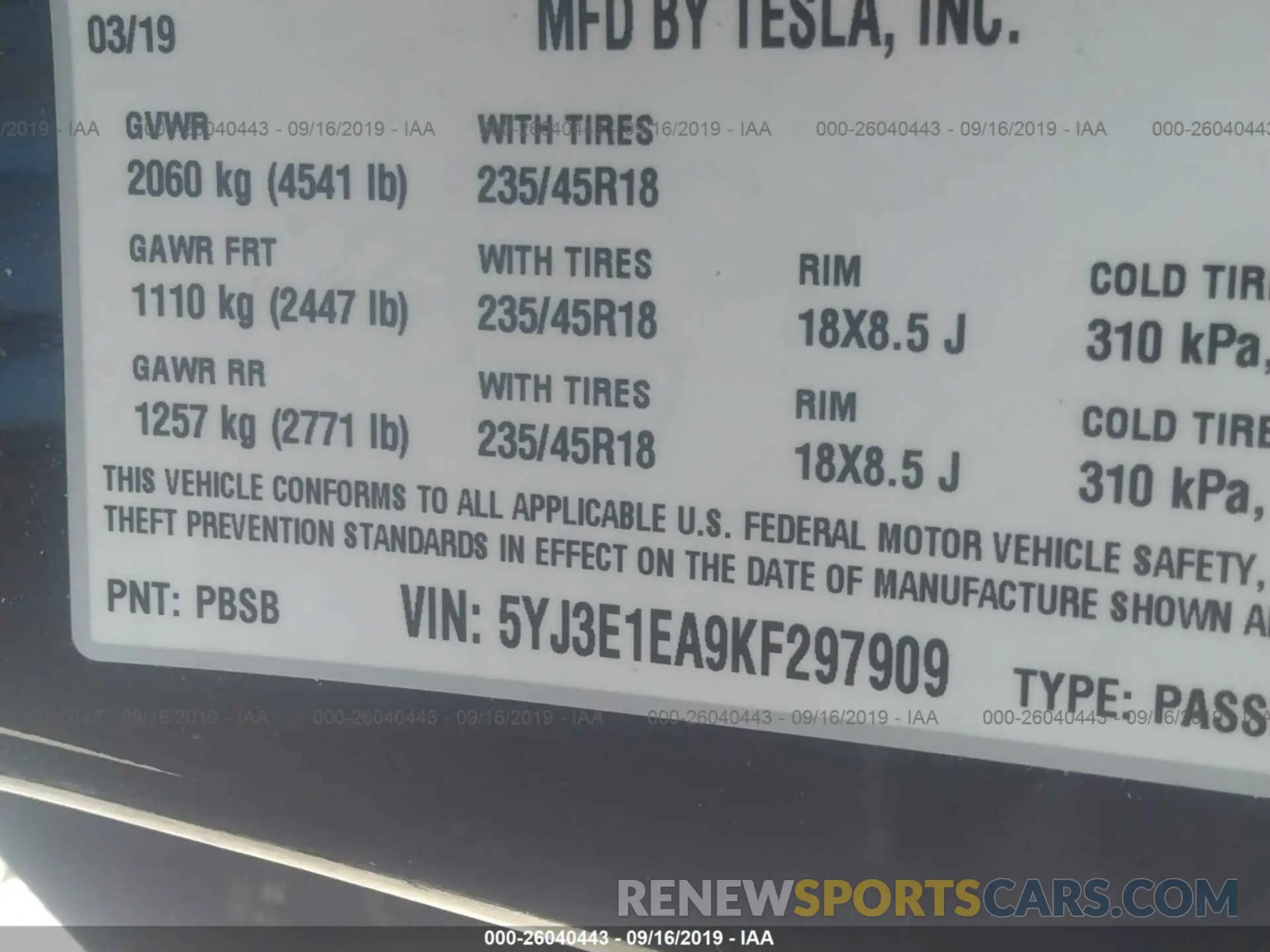 9 fotografías del automóvil dañado 5YJ3E1EA9KF297909 TESLA MODEL 3 2019