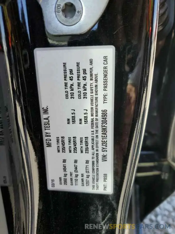 13 fotografías del automóvil dañado 5YJ3E1EA9KF304986 TESLA MODEL 3 2019