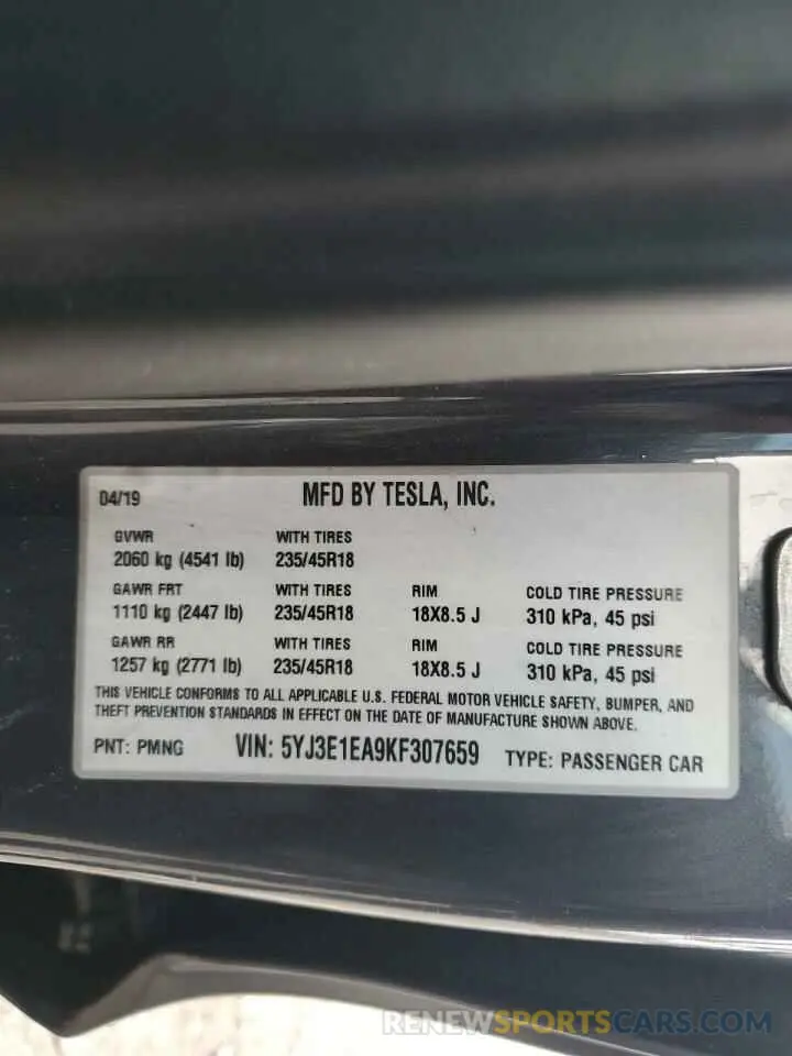 12 fotografías del automóvil dañado 5YJ3E1EA9KF307659 TESLA MODEL 3 2019