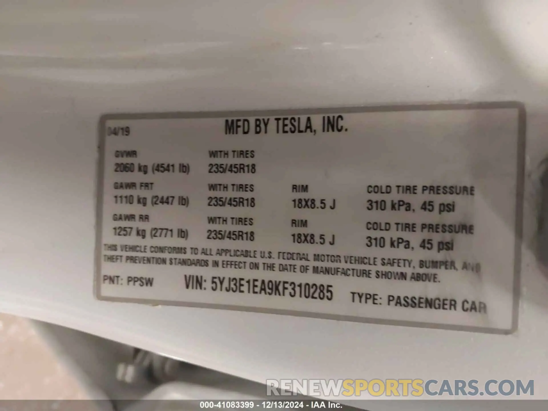 9 fotografías del automóvil dañado 5YJ3E1EA9KF310285 TESLA MODEL 3 2019