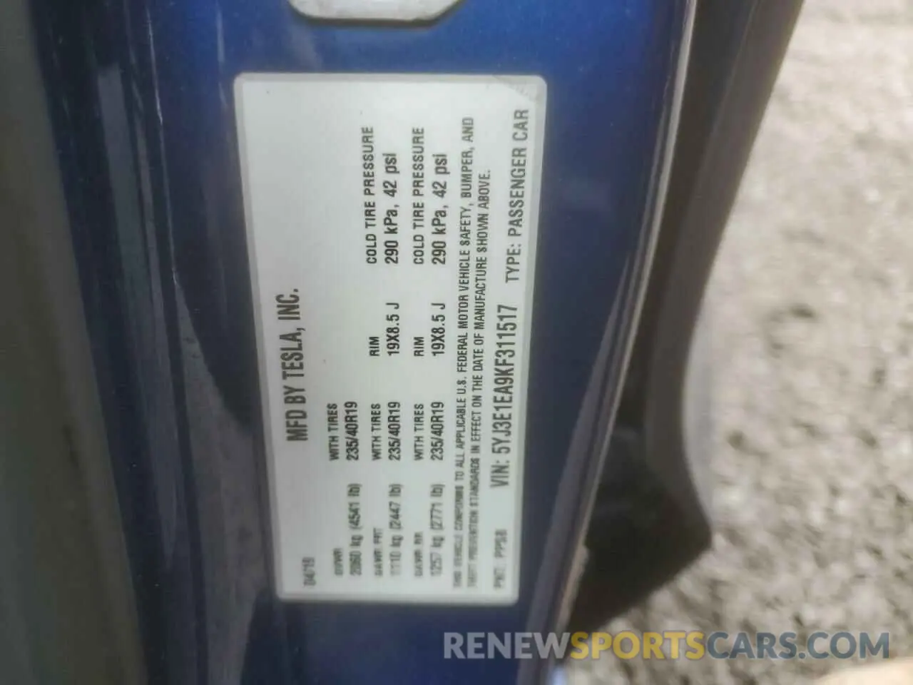 12 fotografías del automóvil dañado 5YJ3E1EA9KF311517 TESLA MODEL 3 2019