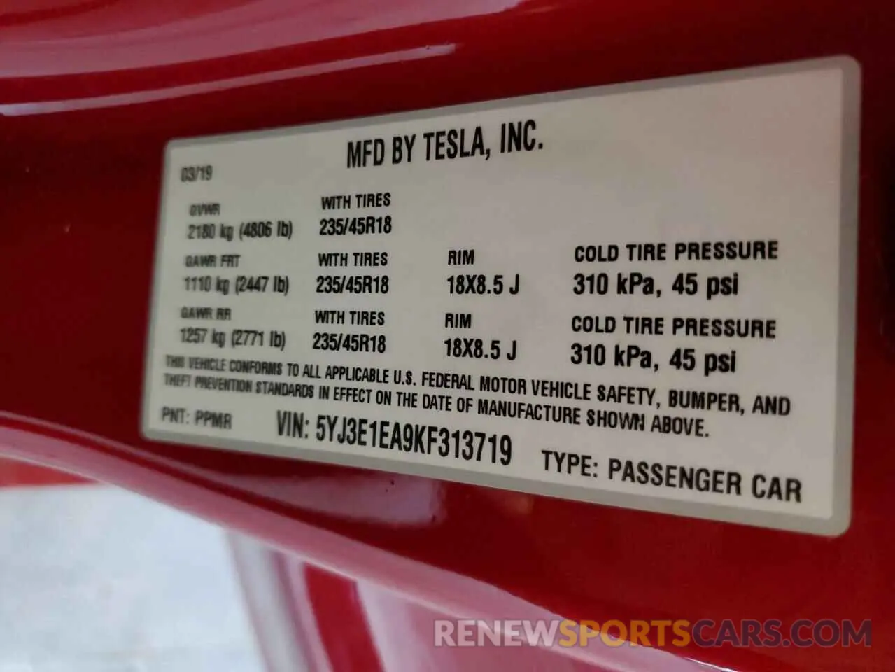 12 fotografías del automóvil dañado 5YJ3E1EA9KF313719 TESLA MODEL 3 2019