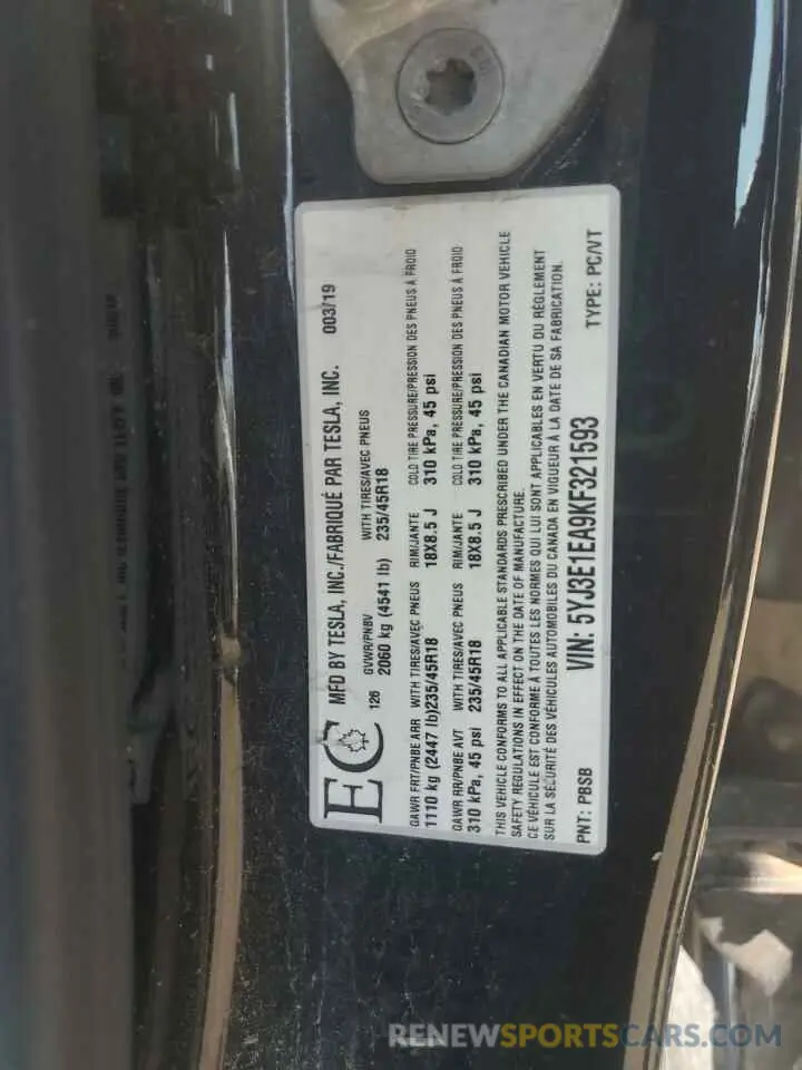 13 fotografías del automóvil dañado 5YJ3E1EA9KF321593 TESLA MODEL 3 2019