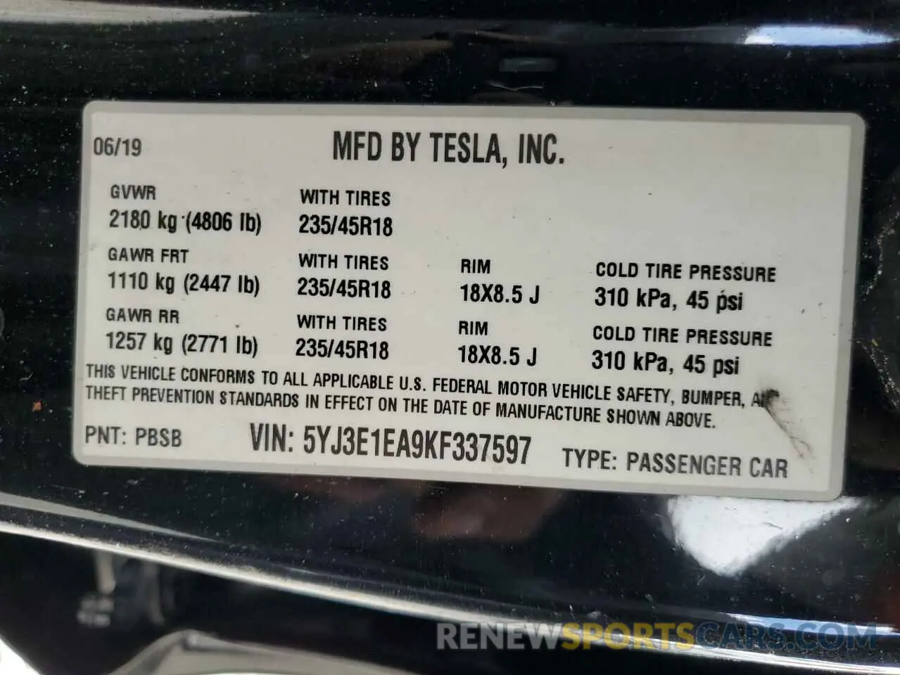 12 fotografías del automóvil dañado 5YJ3E1EA9KF337597 TESLA MODEL 3 2019