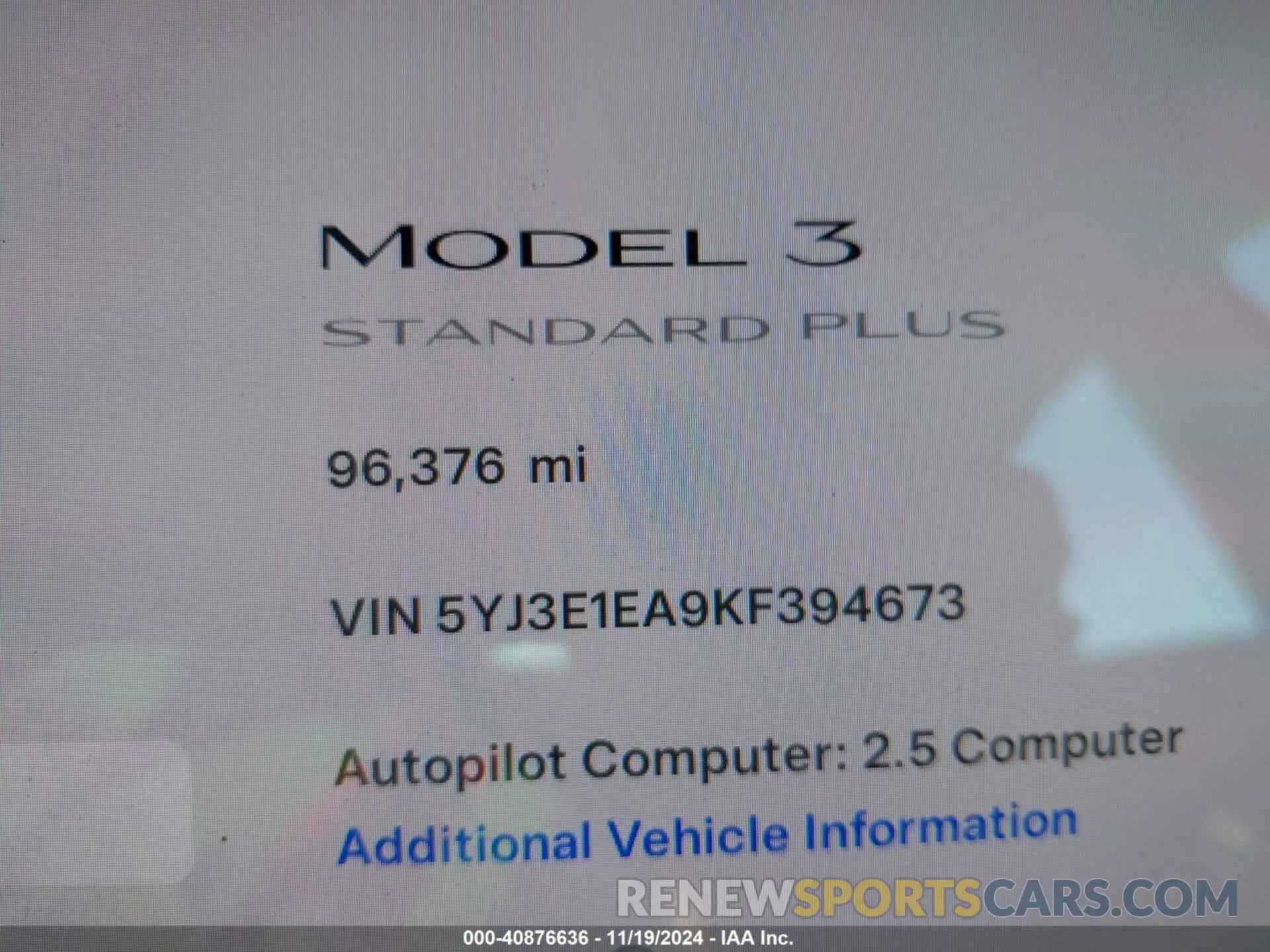 10 fotografías del automóvil dañado 5YJ3E1EA9KF394673 TESLA MODEL 3 2019
