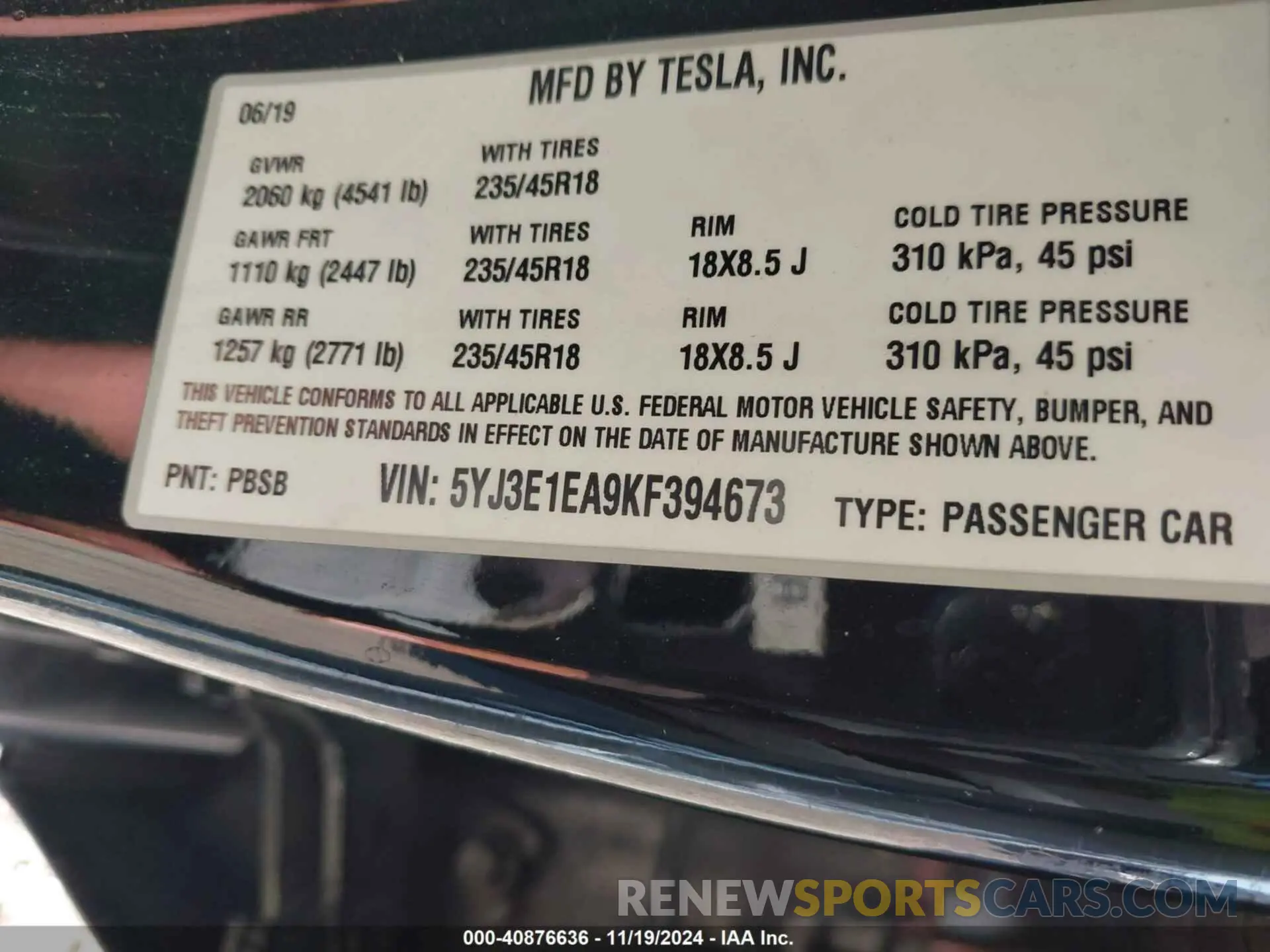 8 fotografías del automóvil dañado 5YJ3E1EA9KF394673 TESLA MODEL 3 2019