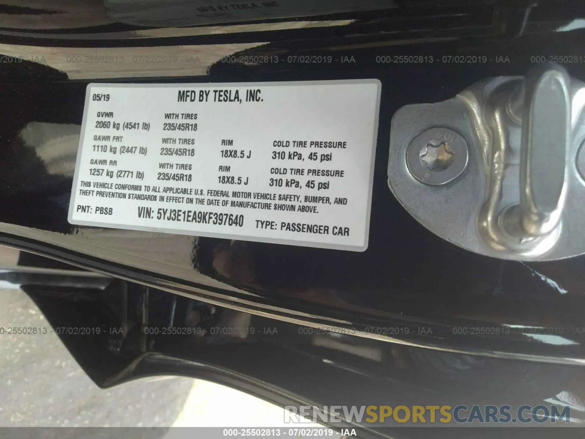 9 fotografías del automóvil dañado 5YJ3E1EA9KF397640 TESLA MODEL 3 2019