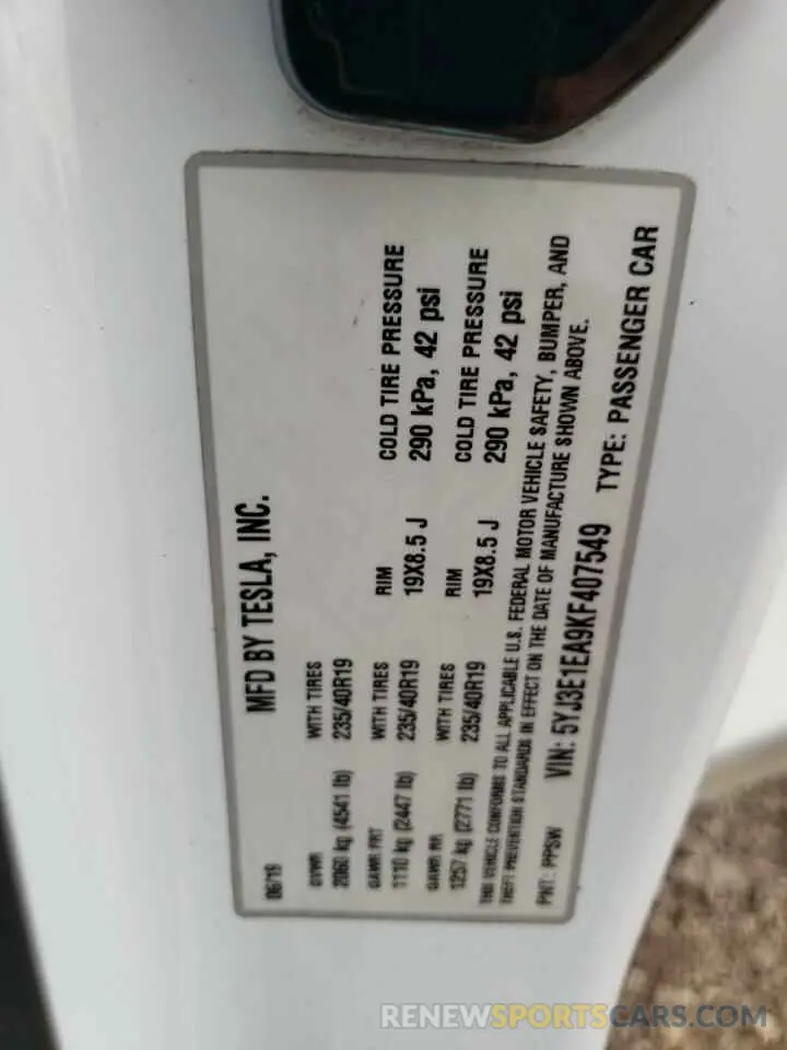12 fotografías del automóvil dañado 5YJ3E1EA9KF407549 TESLA MODEL 3 2019