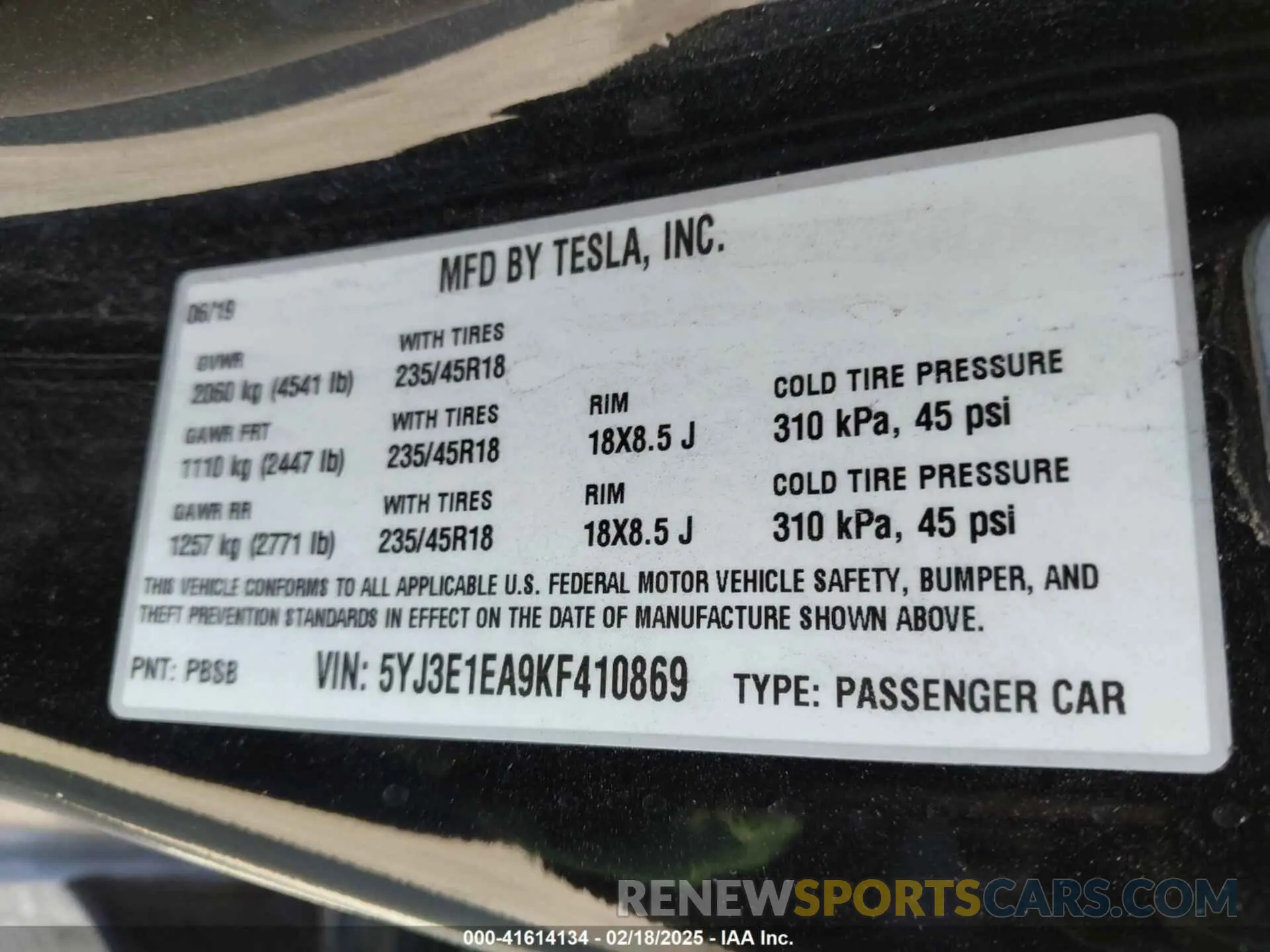 9 fotografías del automóvil dañado 5YJ3E1EA9KF410869 TESLA MODEL 3 2019