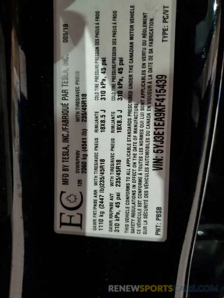 12 fotografías del automóvil dañado 5YJ3E1EA9KF415439 TESLA MODEL 3 2019