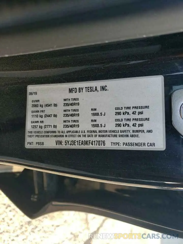 14 fotografías del automóvil dañado 5YJ3E1EA9KF417076 TESLA MODEL 3 2019