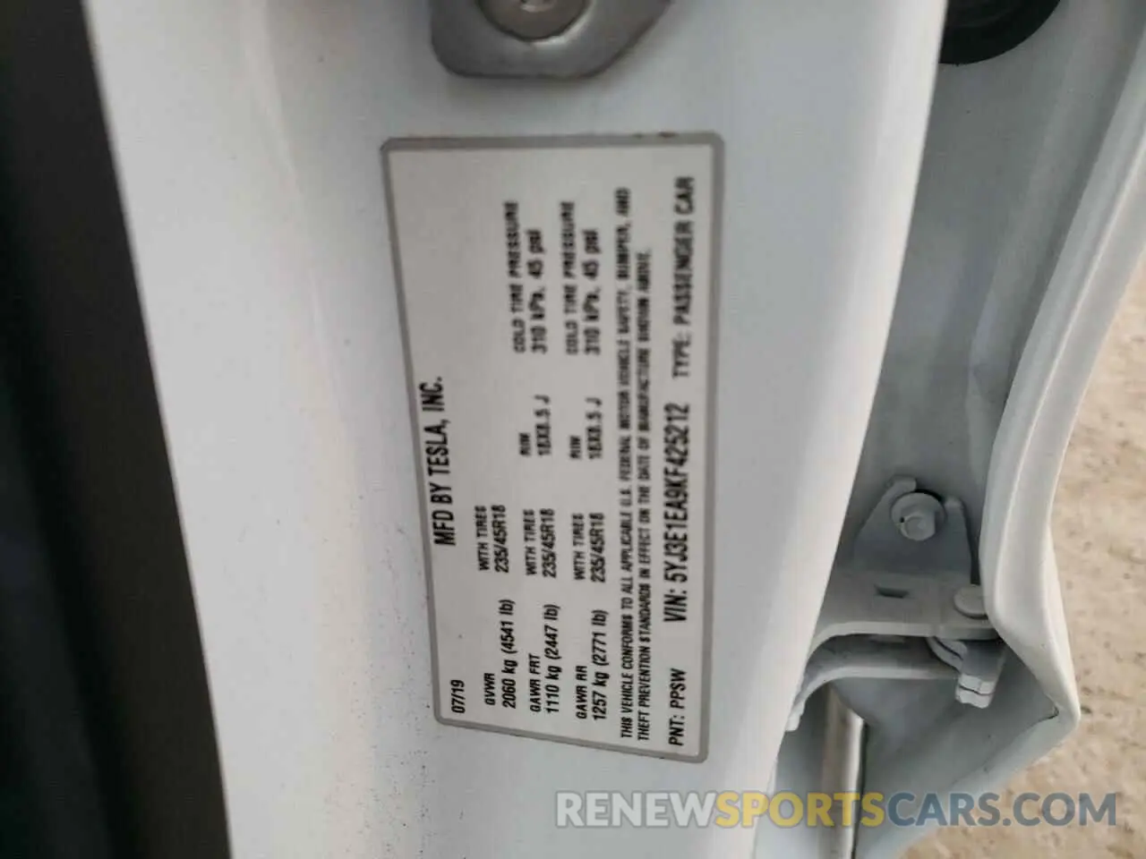 12 fotografías del automóvil dañado 5YJ3E1EA9KF425212 TESLA MODEL 3 2019