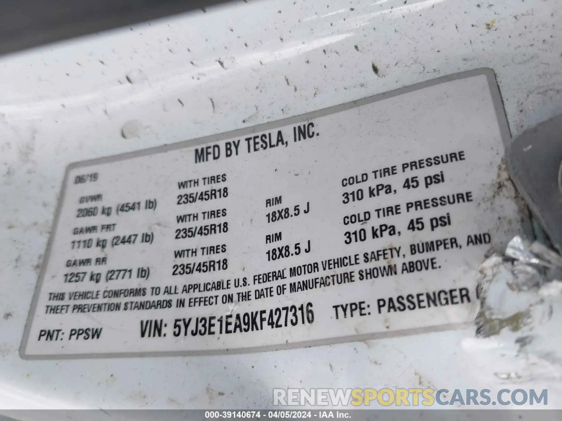 9 fotografías del automóvil dañado 5YJ3E1EA9KF427316 TESLA MODEL 3 2019