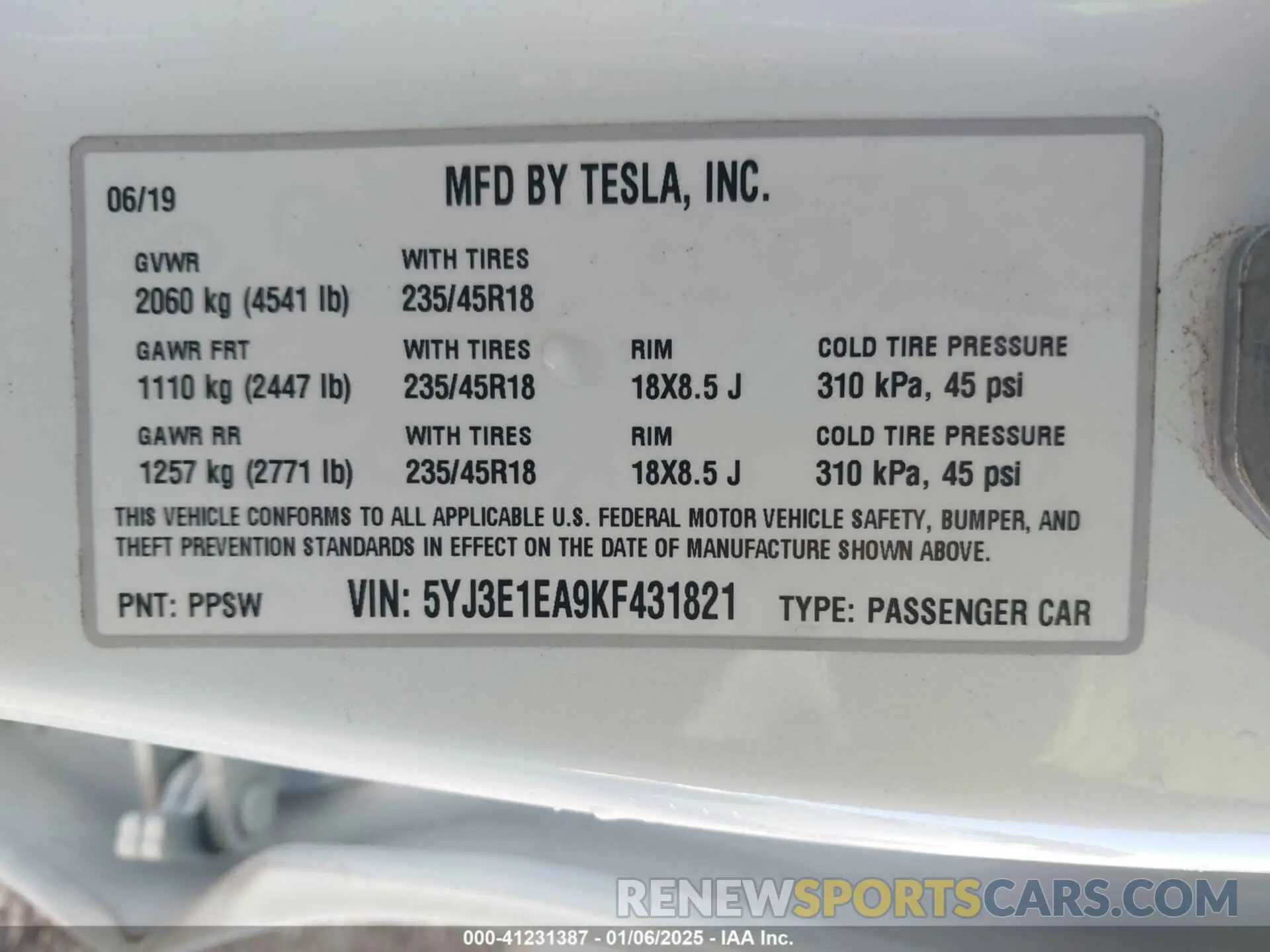 9 fotografías del automóvil dañado 5YJ3E1EA9KF431821 TESLA MODEL 3 2019