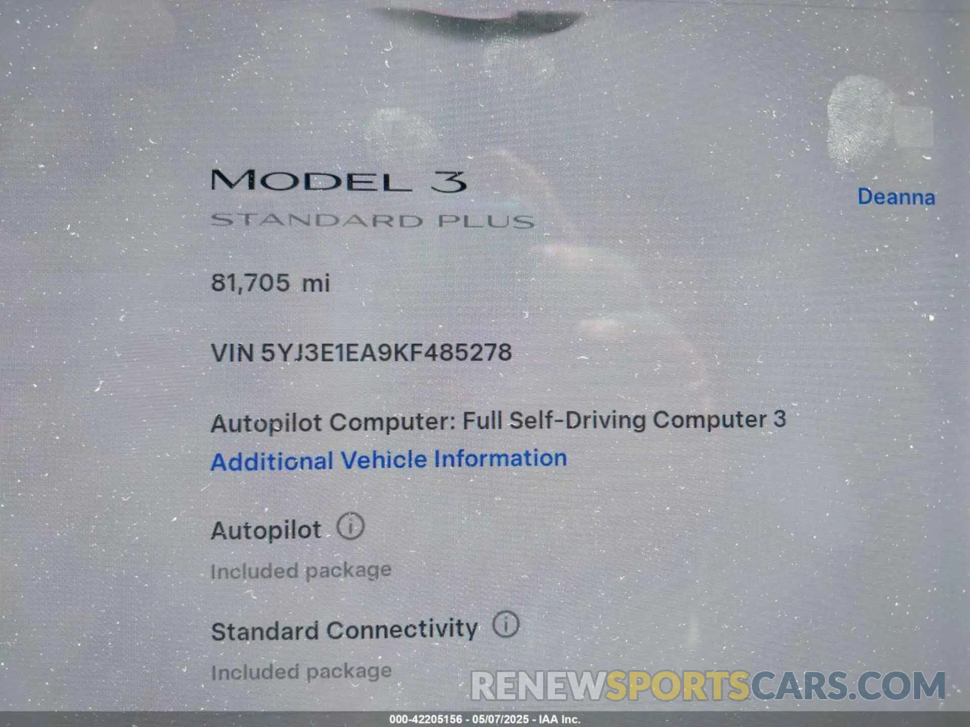 7 fotografías del automóvil dañado 5YJ3E1EA9KF485278 TESLA MODEL 3 2019
