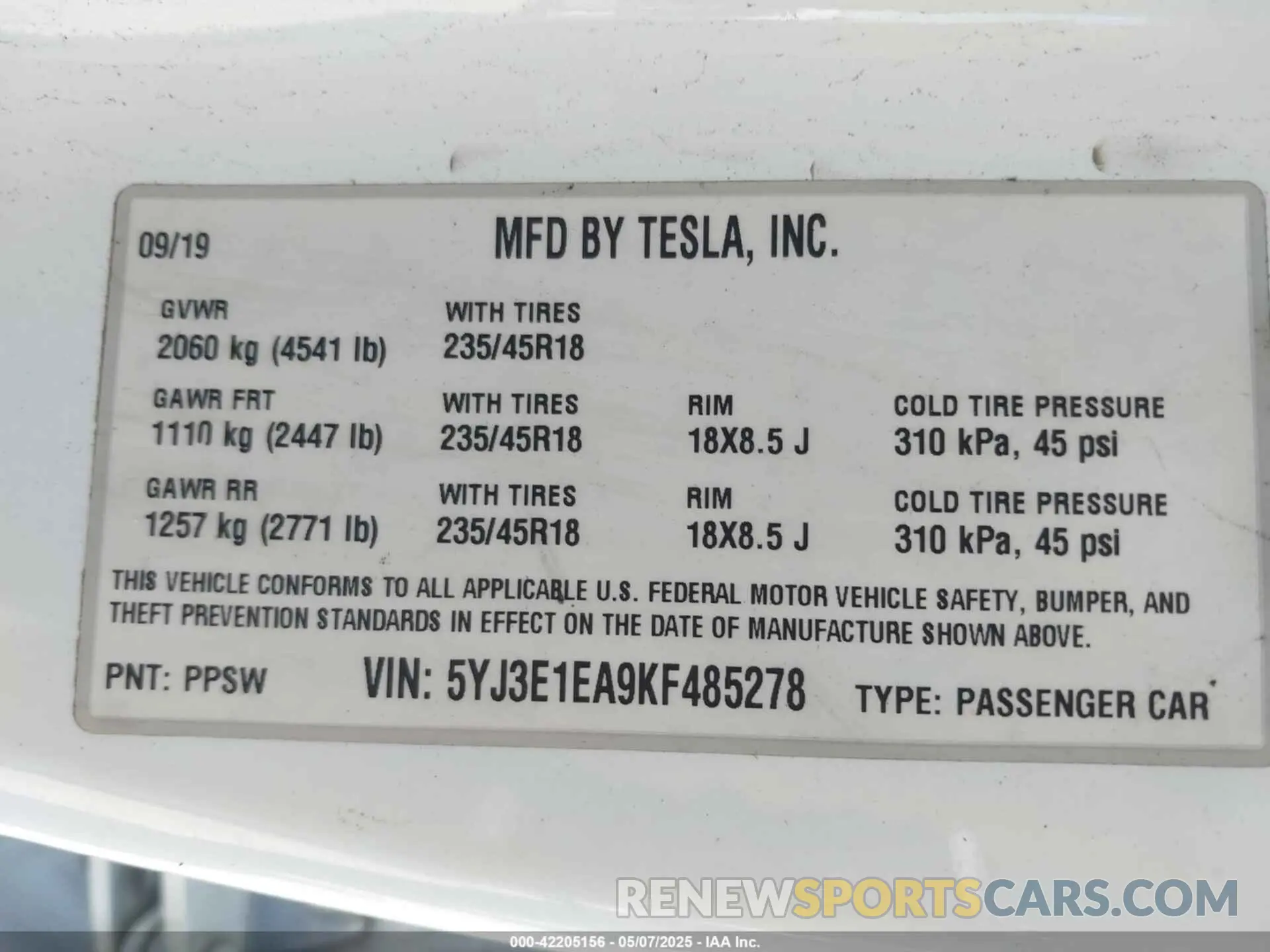 9 fotografías del automóvil dañado 5YJ3E1EA9KF485278 TESLA MODEL 3 2019