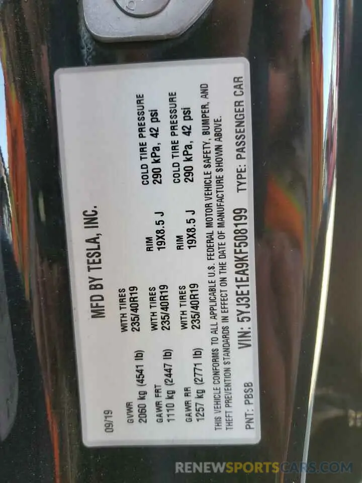 12 fotografías del automóvil dañado 5YJ3E1EA9KF508199 TESLA MODEL 3 2019
