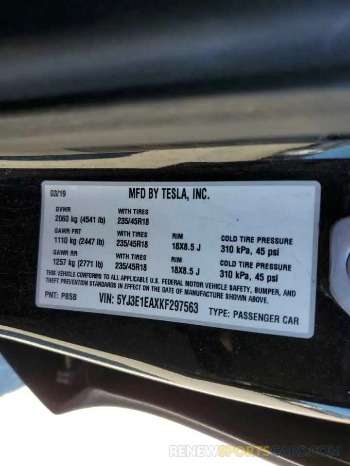 15 fotografías del automóvil dañado 5YJ3E1EAXKF297563 TESLA MODEL 3 2019