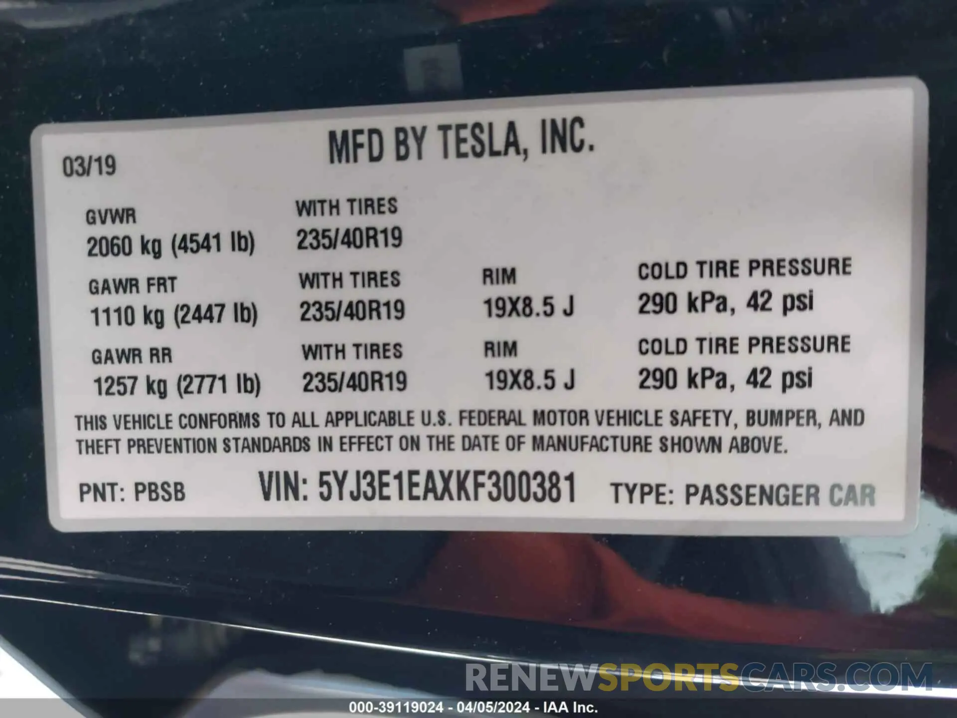 9 fotografías del automóvil dañado 5YJ3E1EAXKF300381 TESLA MODEL 3 2019