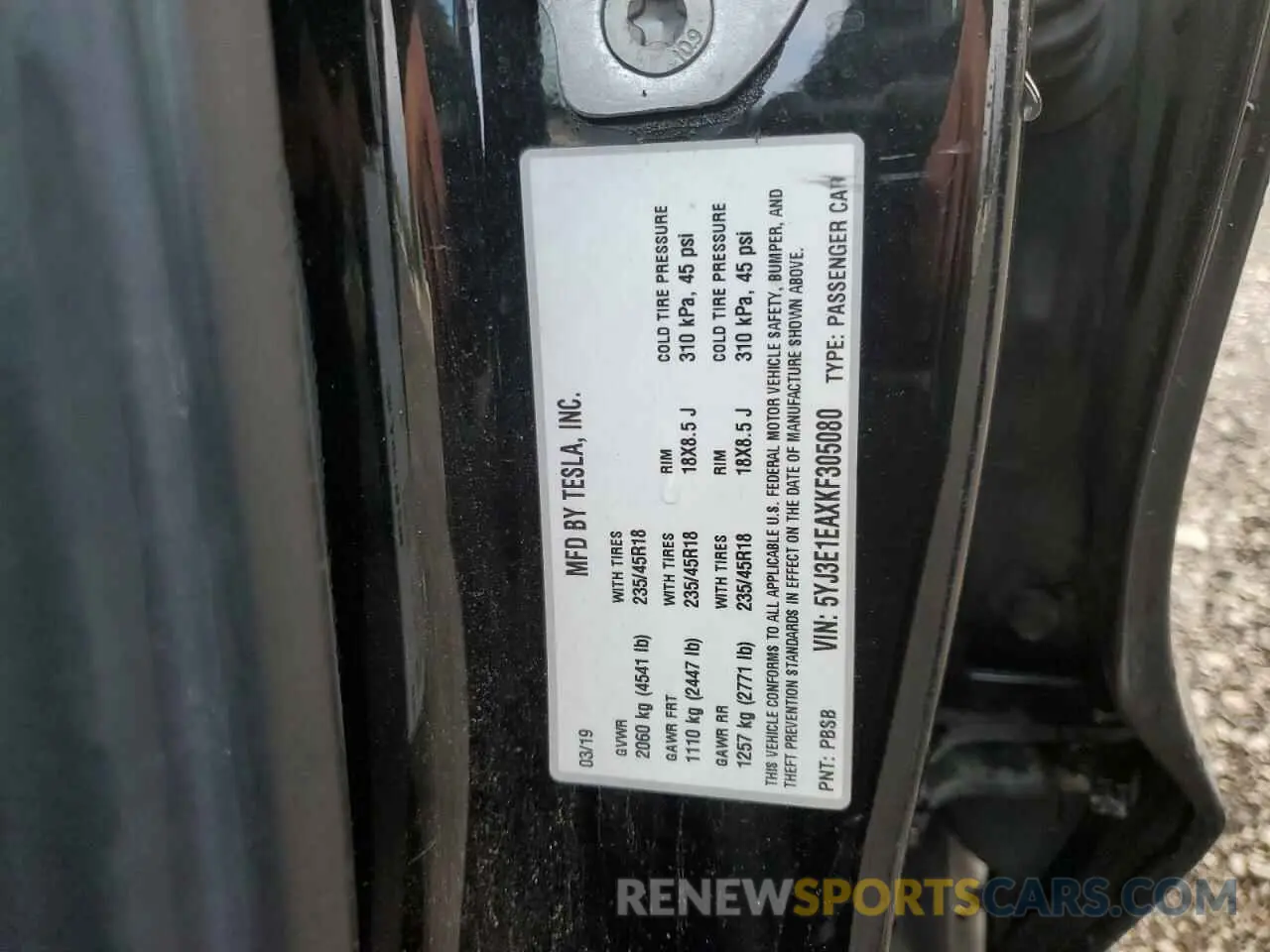 12 fotografías del automóvil dañado 5YJ3E1EAXKF305080 TESLA MODEL 3 2019
