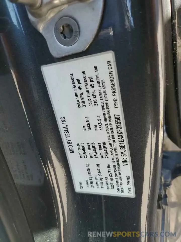 12 fotografías del automóvil dañado 5YJ3E1EAXKF325507 TESLA MODEL 3 2019