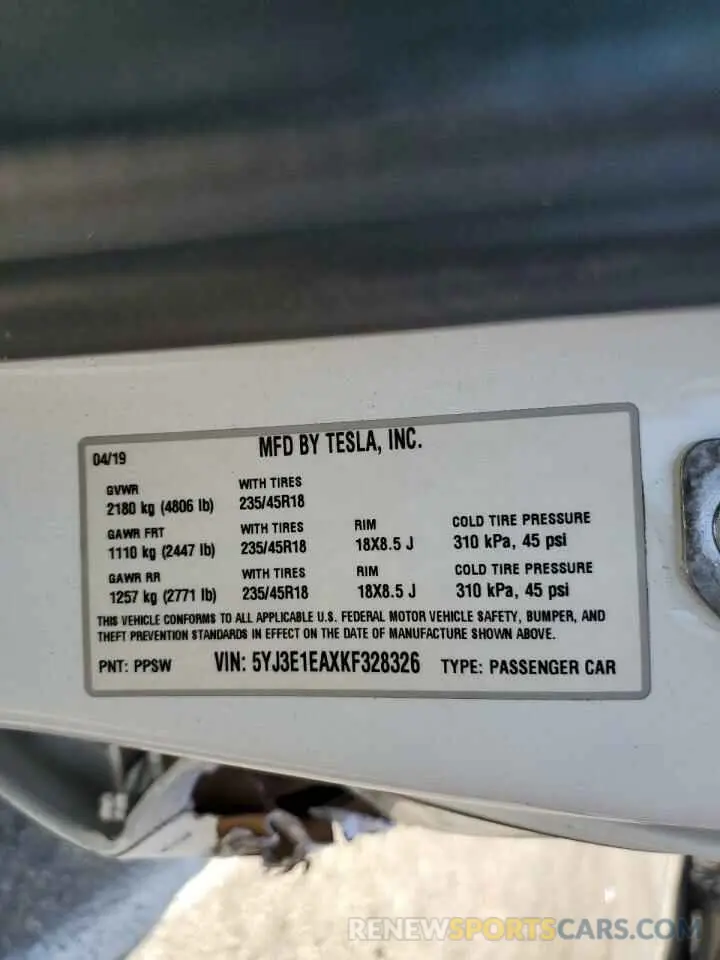 12 fotografías del automóvil dañado 5YJ3E1EAXKF328326 TESLA MODEL 3 2019