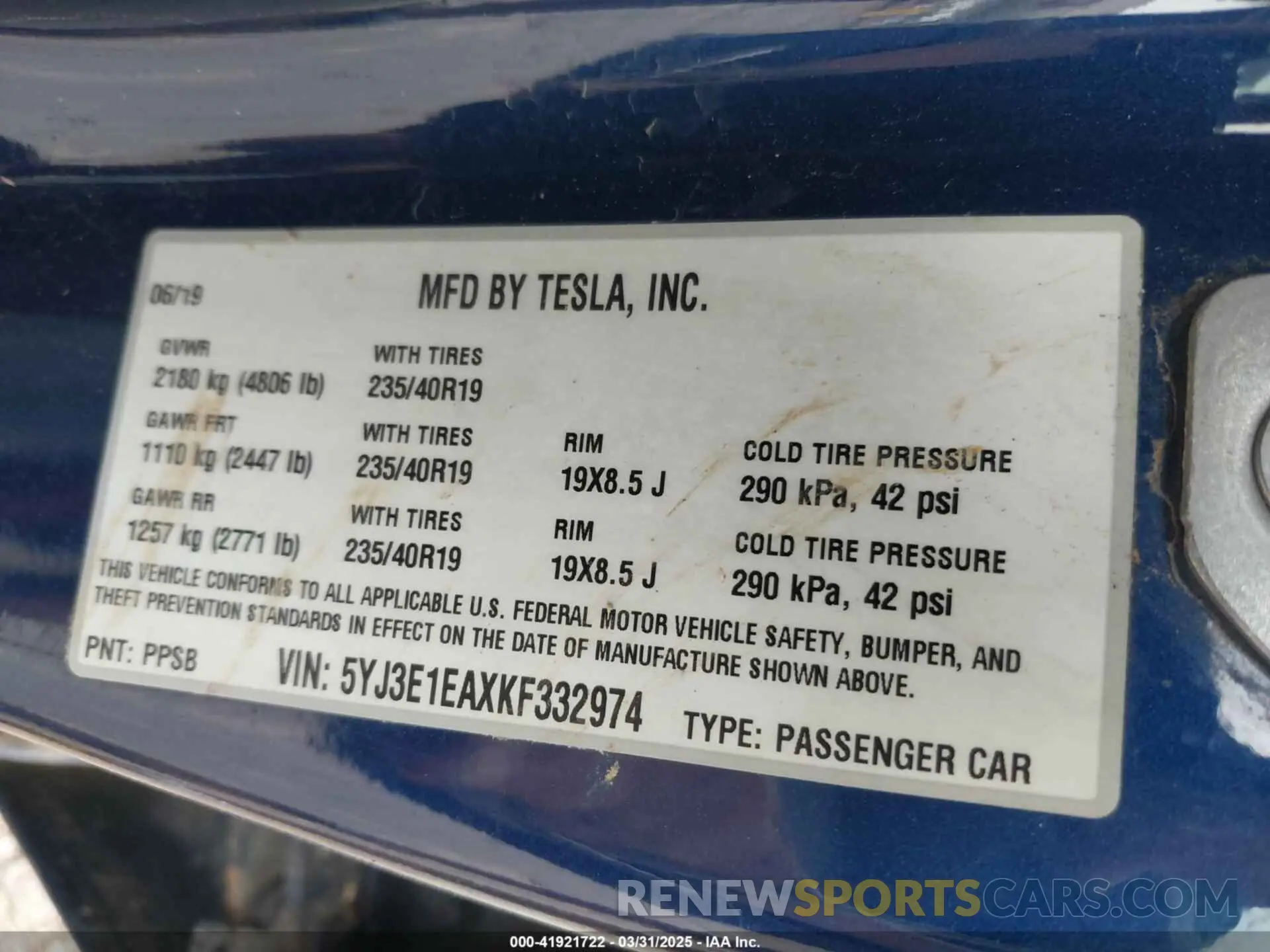 9 fotografías del automóvil dañado 5YJ3E1EAXKF332974 TESLA MODEL 3 2019