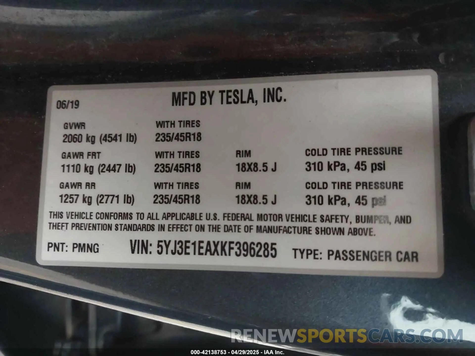 9 fotografías del automóvil dañado 5YJ3E1EAXKF396285 TESLA MODEL 3 2019
