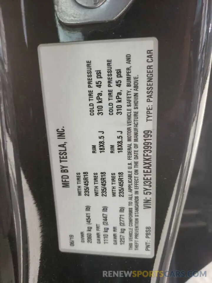 12 fotografías del automóvil dañado 5YJ3E1EAXKF399199 TESLA MODEL 3 2019